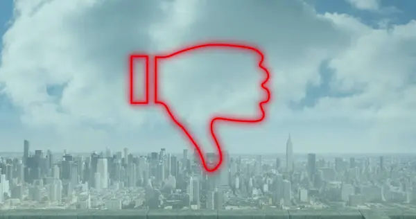 Image of thumbs down red neon icon over cityscape. Global business, finances, digital interface, computing and data processing concept digitally generated image.