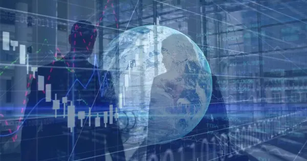 Image of financial data processing and globe over two caucasian business people walking. global business, finances and digital interface concept digitally generated image.