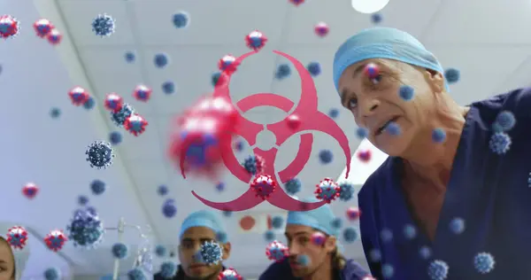 Image of a medical staff team in hospital with a virus icon and coronavirus cells floating on the foreground. Covid 19 pandemic health care science medicine concept digital composite