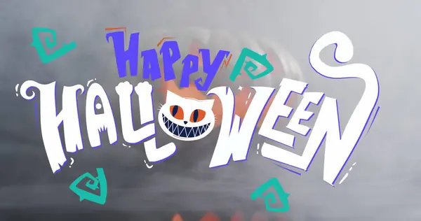 Feliz Banner Texto Halloween Contra Efeito Fumaça Sobre Abóbora Contra — Fotografia de Stock