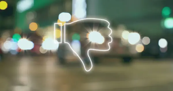 Image of thumbs down white neon icon over cityscape. Global business, finances, digital interface, computing and data processing concept digitally generated image.