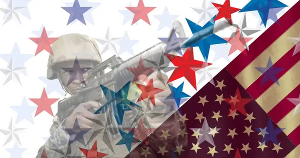 Sammensætning Røde Blå Stjerner Mandlige Soldat Holdin Kanoner Amerikansk Flag - Stock-foto