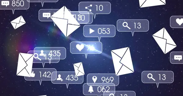 Image of online digital envelope icons and speech bubbles over night sky. global online communication, digital interface and technology concept digitally generated image.