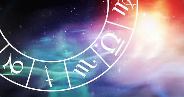 Image Aquarius Star Sign Symbol Spinning Horoscope Wheel Glowing Stars — Stockfoto
