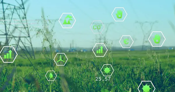 Grassy Field Digital Eco Friendly Icons Overlaying Symbols Represent Sustainable — Stock Photo, Image