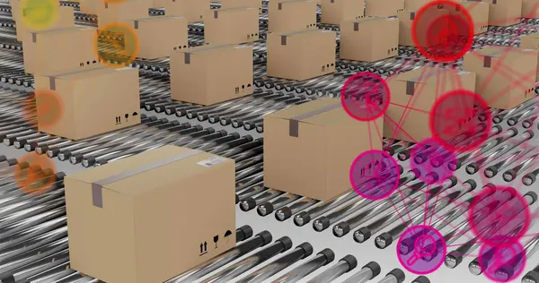Image of networks of connections over cardboard boxes on conveyor belts. Global shipping and delivery concept digitally generated image.