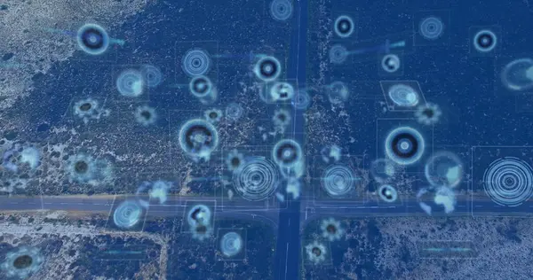 Bild Der Datenverarbeitung Mit Scanner Über Landschaft Globale Verbindungen Computing — Stockfoto