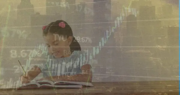 Imagem Processamento Dados Sobre Escrita Menina Caucasiana Conceito Educação Global — Fotografia de Stock
