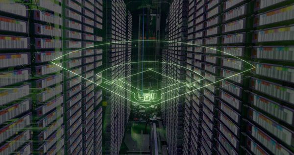 Image of digital baseball field over servers. Computers, sport, network and technology concept digitally generated image. 