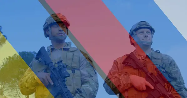 Immagine Bandiera Ucraina Russia Diversi Soldati Maschi Con Arma Crisi — Foto Stock