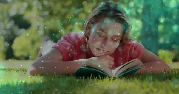 Image Glowing Spots Smiling Caucasian Woman Reading Book International Literacy — Stock Photo, Image