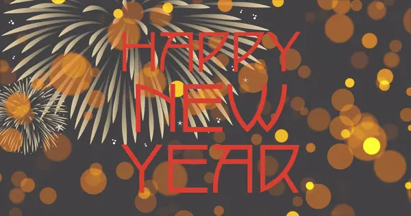 Image Happy New Year Text Red Fireworks Orange Yellow Spots — Stock Photo, Image