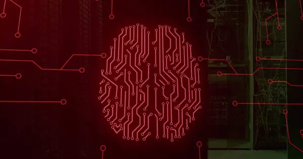 Bild Der Computerplatine Und Des Digitalen Gehirns Über Dem Serverraum — Stockfoto