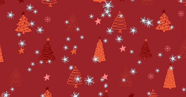 Multiple star icons falling against multiple stars and christmas tree icons on red background. christmas festivity and celebration concept