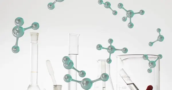 Изображение Молекул Поверх Лабораторных Тарелок Белом Фоне Научная Исследовательская Лабораторная — стоковое фото