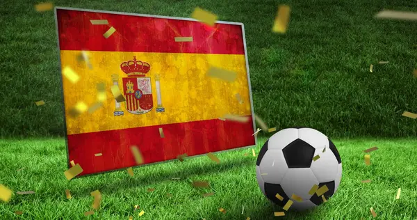 Изображение Падения Золотых Конфетти Футбольного Мяча Над Флагом Испании Концепция — стоковое фото