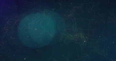 Siyah arkaplandaki bağlantı ağı üzerinden kar yağışının ve ışık noktalarının animasyonu. Dijital olarak oluşturulmuş küresel bağlantılar, bilgisayar, ışık ve dijital arayüz kavramı.