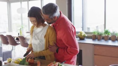 Mutfakta birlikte yemek pişiren farklı çiftlerin ev şeklinin animasyonu. İlişkiler, aşk, birliktelik ve yaşam tarzı konsepti dijital olarak oluşturulmuş video.