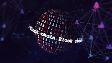 Blok zinciri metninin animasyonu, veri işleme ve dünya çapında bağlantılar ağı. Dijital olarak oluşturulmuş küresel bağlantılar, hesaplama ve veri işleme kavramı.