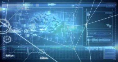 Beyin ve veri işleme arayüzü üzerinden iletişim ağının canlandırılması. Bağlantı, veri, bilim, ai, araştırma, ağ, dijital arayüz ve iletişim, dijital olarak oluşturulmuş video.