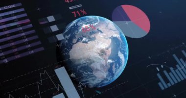 Dünya üzerindeki veri işleme ve diyagramlarının animasyonu. Teknoloji ve dijital arayüz kavramı dijital olarak oluşturuldu.