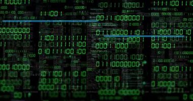 Mavi çizgilerin animasyonu ve siyah arkaplan üzerindeki metin verileri üzerinde ikili işlem. Bağlantı, veri, işleme, dijital arayüz ve küresel iletişim, dijital olarak oluşturulmuş video.