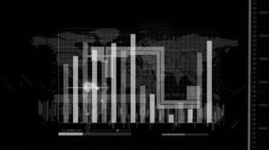 Finansal veri işleme animasyonu dünya haritasında siyah arka planda. Küresel iş, bilgisayar ve dijital arayüz kavramı dijital olarak oluşturulmuş video.