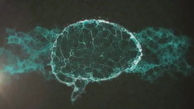 Dönen dijital beynin üzerindeki DNA ipliğinin animasyonu. Teknoloji, bilim ve dijital arayüz kavramı dijital olarak oluşturulmuş video.