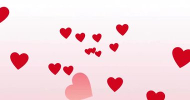 Beyaz arka planda kırmızı kalplerin animasyonu. Aşk, şekiller ve arka plan konsepti dijital olarak oluşturulmuş video.