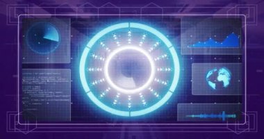 Sunucu odasındaki diyagramlar, tarama ve veri işleme animasyonları. Küresel teknoloji ve dijital arayüz konsepti dijital olarak oluşturulmuş video.