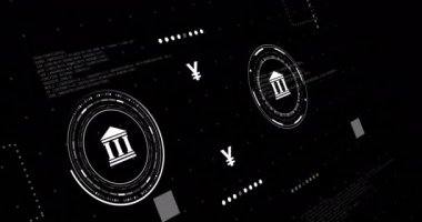 Siyah arkaplan üzerinde veri işleme ile para ve banka simgeleri animasyon. Küresel finans, iş, bağlantılar, hesaplama ve veri işleme kavramı dijital olarak oluşturulmuş video.