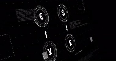 Siyah arkaplan üzerinde veri işleme ile para birimi simgelerinin animasyonu. Küresel finans, iş, bağlantılar, hesaplama ve veri işleme kavramı dijital olarak oluşturulmuş video.