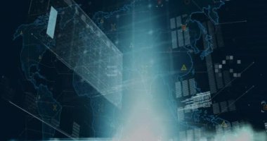 Dünya haritası üzerinde şema ve veri işleme animasyonları. Küresel teknoloji ve dijital arayüz konsepti dijital olarak oluşturulmuş video.