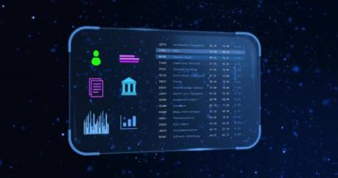 Siyah arkaplan üzerinde bankacılık verileri olan ekran animasyonu. Küresel çevrimiçi bankacılık, alışveriş, iş, bağlantılar, bilgisayar ve veri işleme kavramı dijital olarak oluşturulmuş video.