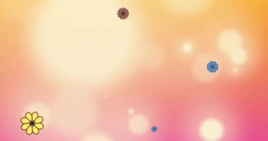 Renkli çiçeklerin turuncu arka plandaki ışık noktalarının üzerinde canlandırması. Şekiller, renkler, hareket ve arkaplan konsepti dijital olarak oluşturulmuş video.