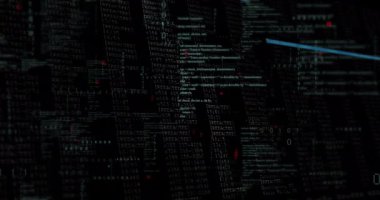 Siyah zemin üzerindeki veri işleme katmanları üzerinde mavi çizgilerin ve kırmızı imleclerin animasyonu. Bağlantı, veri, işleme, dijital arayüz ve küresel iletişim, dijital olarak oluşturulmuş video.