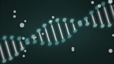 DNA iplikçiklerinin dönmesi ve koyu arkaplanda lekeler. Küresel bilim, bağlantılar, hesaplama ve veri işleme kavramı dijital olarak oluşturulmuş video.