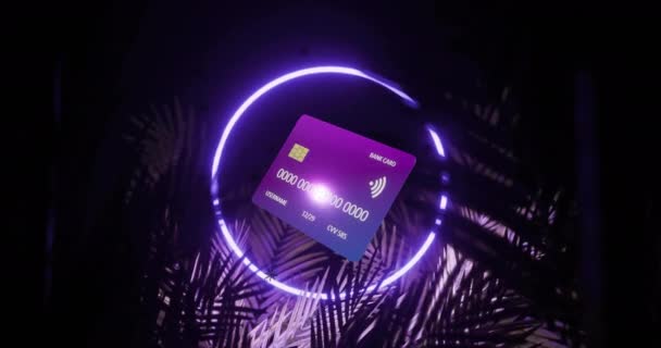 Animering Kreditkort Med Data Över Neon Cirkel Svart Bakgrund Global — Stockvideo