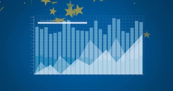 Pénzügyi Adatok Feldolgozásának Animációja Kék Hátterű Európai Zászlóscsillagok Felett Globális — Stock videók