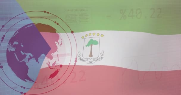 赤道几内亚国旗在地球上的动画 海图和数据处理 National Business Connection Data Economy Digital Interface Global — 图库视频影像