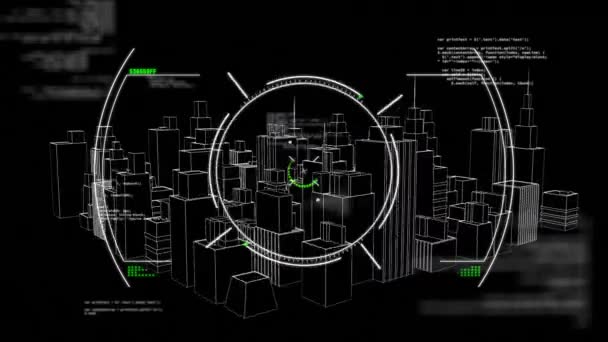 ブラックバックグラウンドの市民景観を超えたデジタルデータ処理のアニメーション グローバル接続 コンピューティング データ処理コンセプトデジタル生成ビデオ — ストック動画