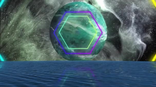 Анімація Барвистих Форм Над Планетою Водою Небі Зірками Простір Планети — стокове відео