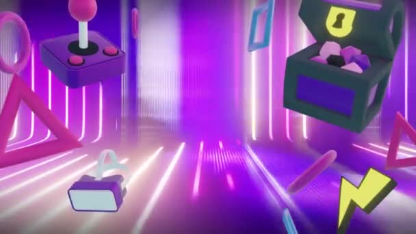 Animatie Van Game Controllers Apparatuur Pictogrammen Paars Wit Bewegende Neon — Stockvideo