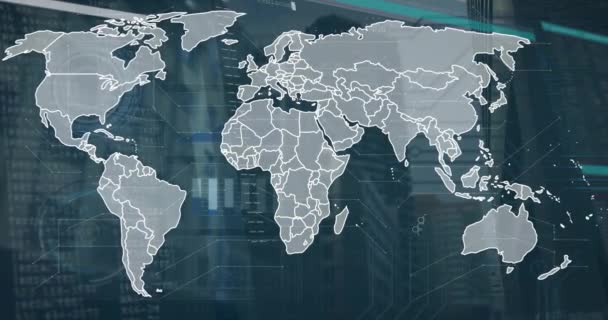 Animación Del Mapa Mundial Procesamiento Datos Través Del Paisaje Urbano — Vídeo de stock