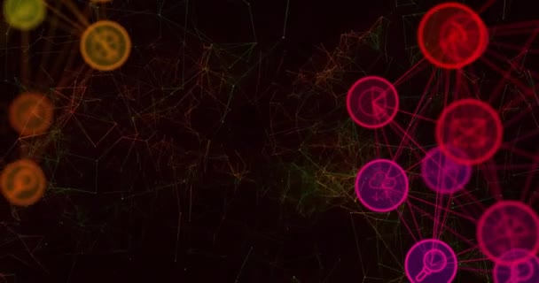 Animation du réseau de connexions avec des icônes sur fond noir. Connexions globales, calcul et traitement des données concept vidéo généré numériquement.