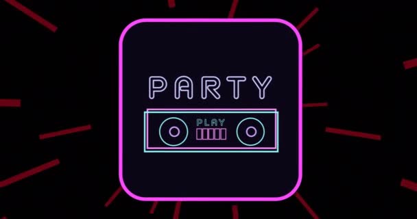 Animace Retro Party Hrajte Text Reproduktorem Růžovém Neonovém Čtverci Černé — Stock video
