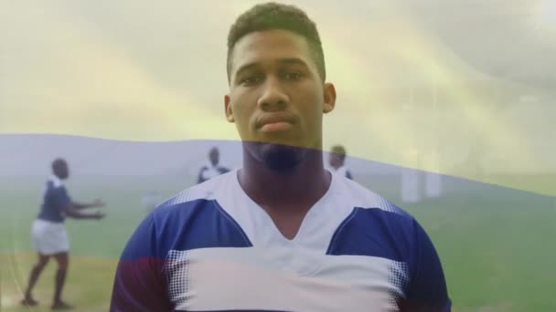 Animation Drapeau Colombien Sur Portrait Joueur Afro Américain Rugby Sur — Video