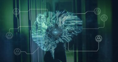 İkonların ve dijital beynin görüntüsü sunucu odasındaki beyaz kadının üzerinde. Küresel teknoloji, çevrimiçi güvenlik ve dijital arayüz kavramı dijital olarak oluşturulmuş görüntü.