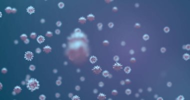 Donanmanın mavi arka planında yüzen makro Covid-19 hücrelerinin görüntüsü. Coronavirus Covid-19 pandemik konsept dijital bileşik.