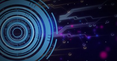 Siyah arkaplanda tarama yapan veri işleme resmi. Küresel teknoloji, bilgisayar ve dijital arayüz kavramı dijital olarak oluşturulmuş görüntü.